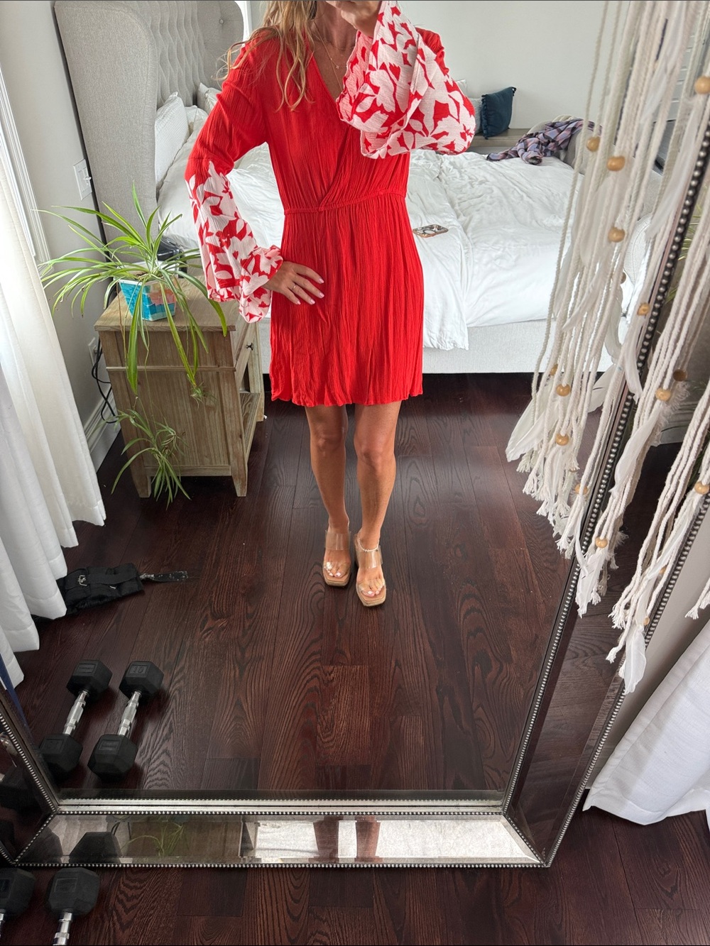 Billabong Red Mini Dress with White Floral Bell Sleeves